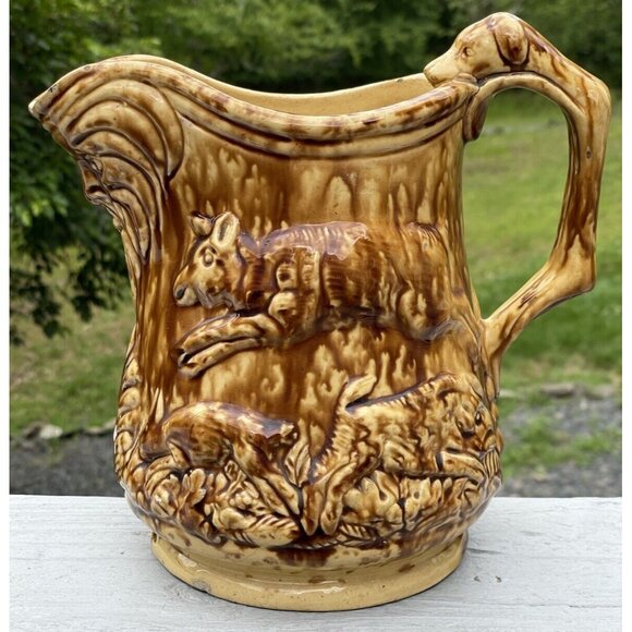 Rare Antique Bennington Rockingham Dog Handle Hunt Scene Pitcher Yellow ware - Picture 3 of 16